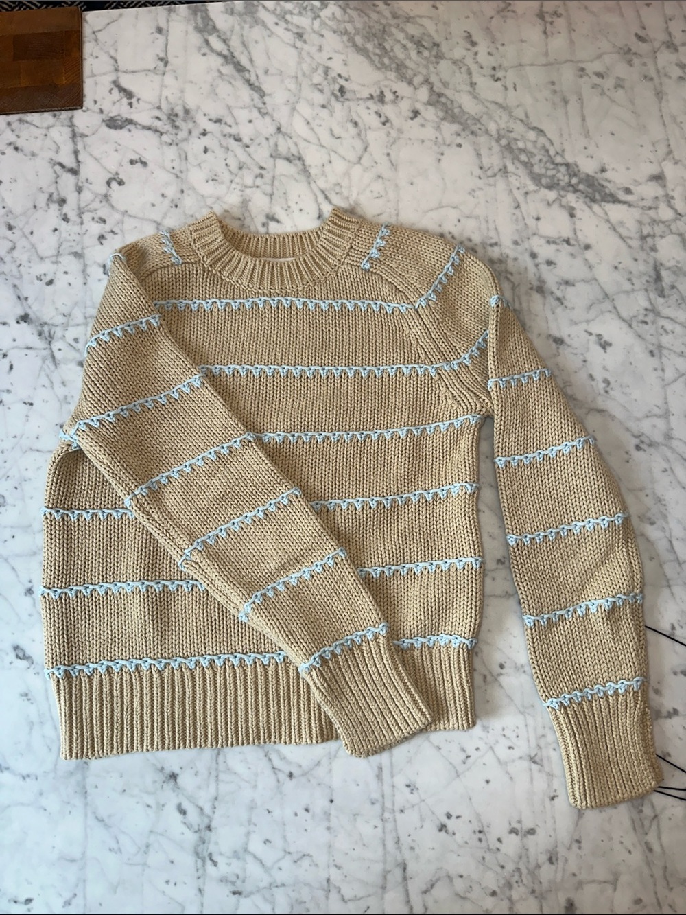 Madewell Beige Crewneck Sweater with Light Blue Stripe Detail